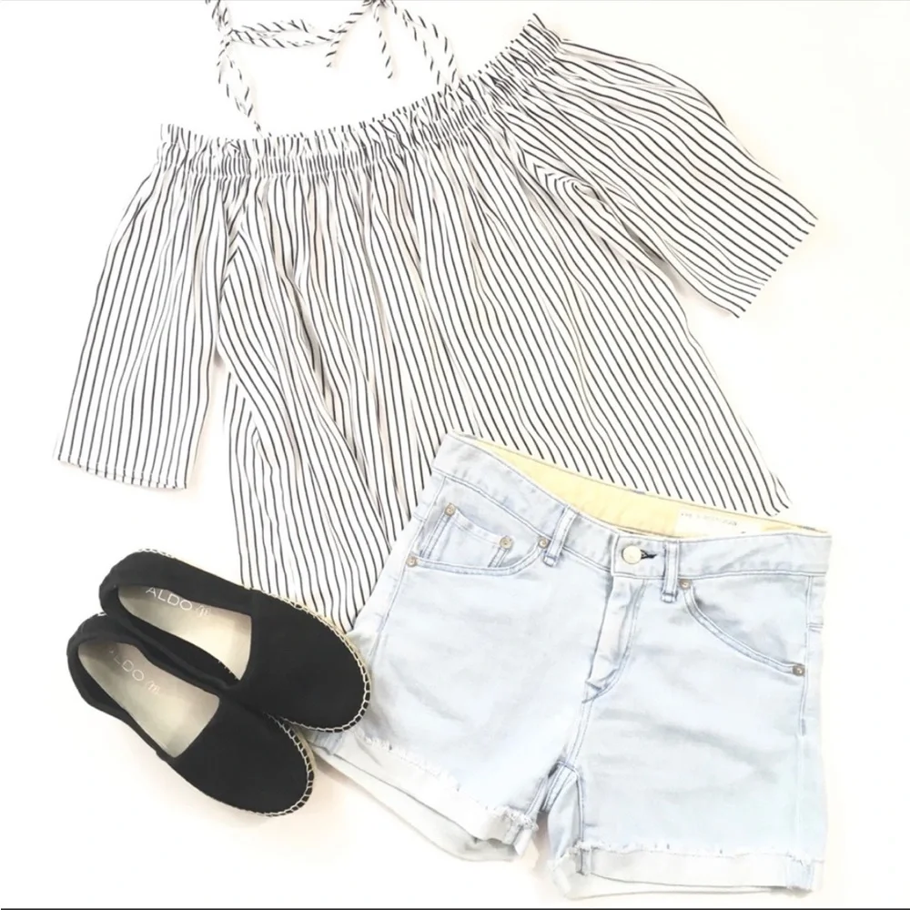 Francesca Blue Rain pinstripe off shoulder shirt - Picture 3 of 9